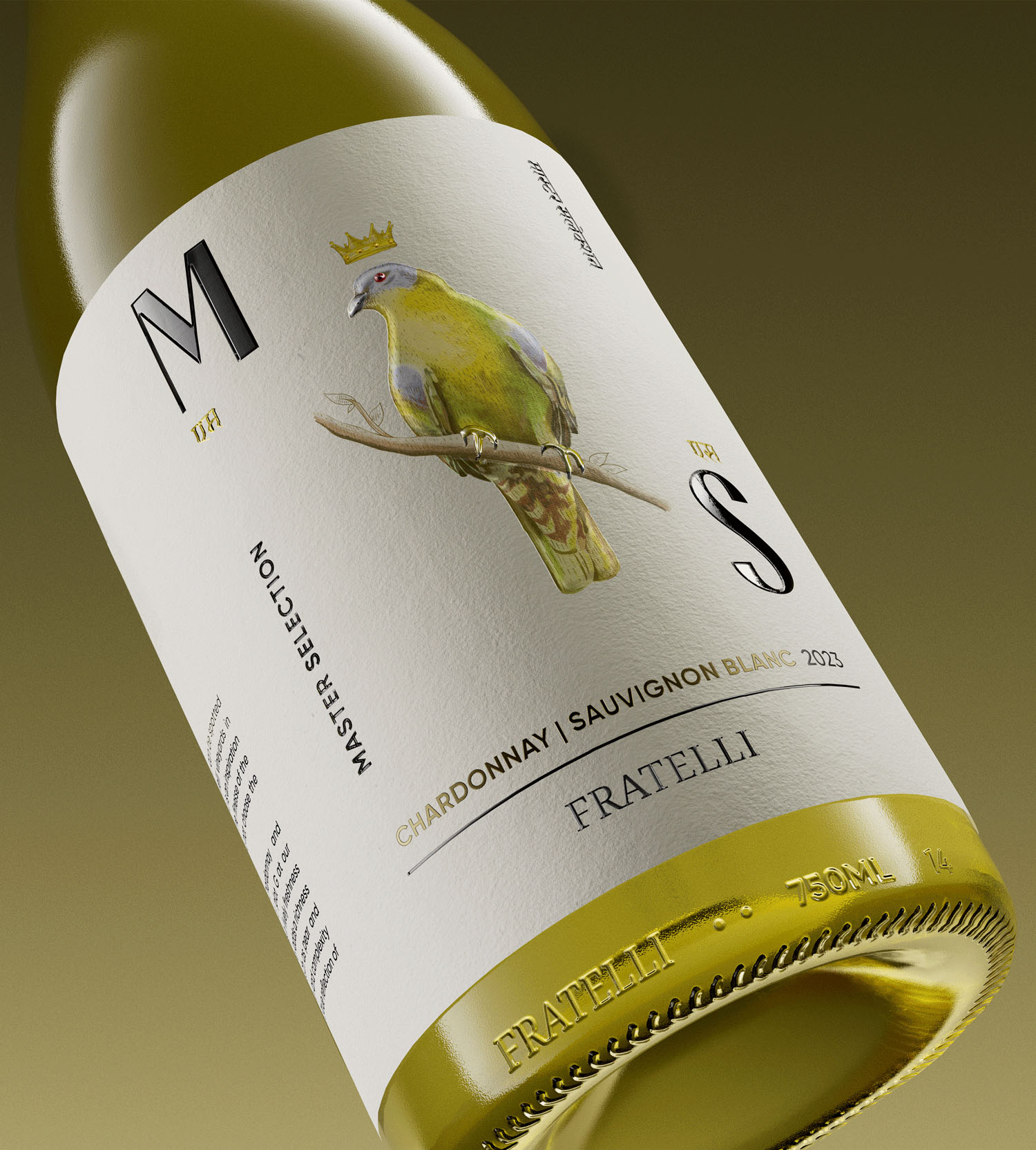Close-up of the MS Fratelli Chardonnay label